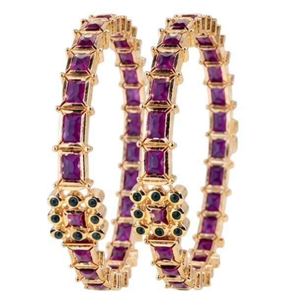 Gold Plated Stone Studded Bangles for Women | Purple Rectangular Stone Traditional Kada with Floral Motif | Ethnic Jewellery for Wedding, Festive, Party & Daily Occassion - Handcrafted Jewellery by Xperts Creations
