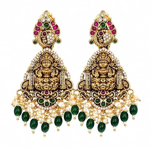 Gold Plated Temple Jhumka Earrings for Women | Traditional Lakshmi Design with Green Beads & Pearl Drops | South Indian Ethnic Fashion Jewellery - Handcrafted Jewellery by Xperts Creations