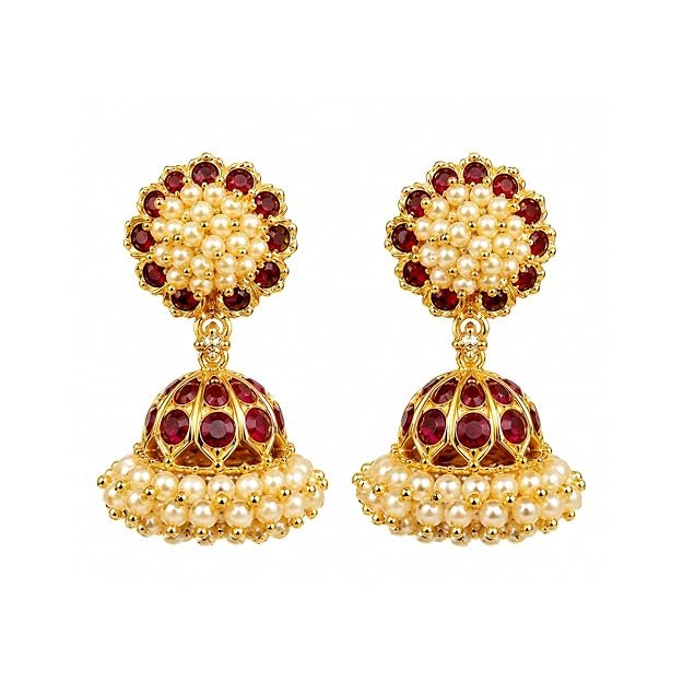 Gold Plated Pearl Jhumka Earrings for Women | Traditional Ethnic Bell-Shaped Drop Earrings | Red Stone & Pearl Design | South Indian Style Fashion Jewellery - Handcrafted Jewellery by Xperts Creations