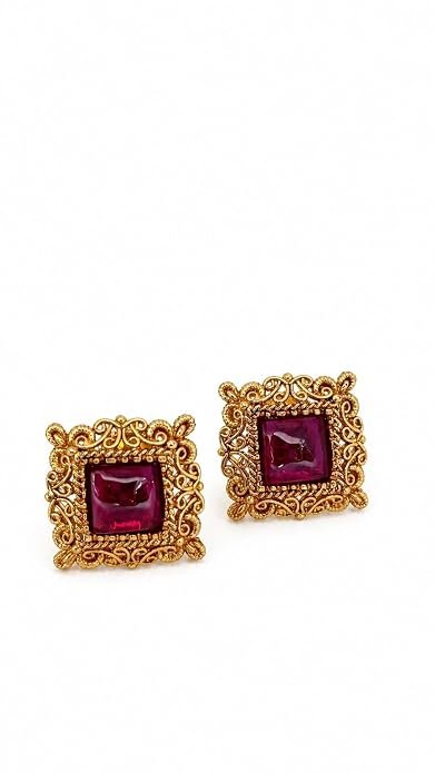Gold Plated Square Stone Stud Earrings for Women | Traditional Ethnic Designer Tops | Pink Stone Fashion Jewellery - Handcrafted Jewellery by Xperts Creations