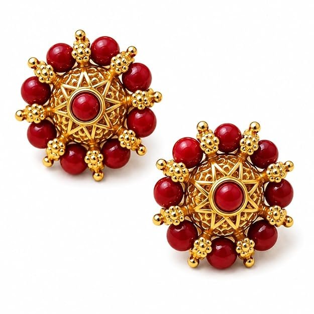 Gold Plated Traditional Stud Earrings for Women | Beaded Ethnic Floral Design Earrings | Gold Finish Fashion Jewellery for Festive & Wedding - Handcrafted Jewellery by Xperts Creations