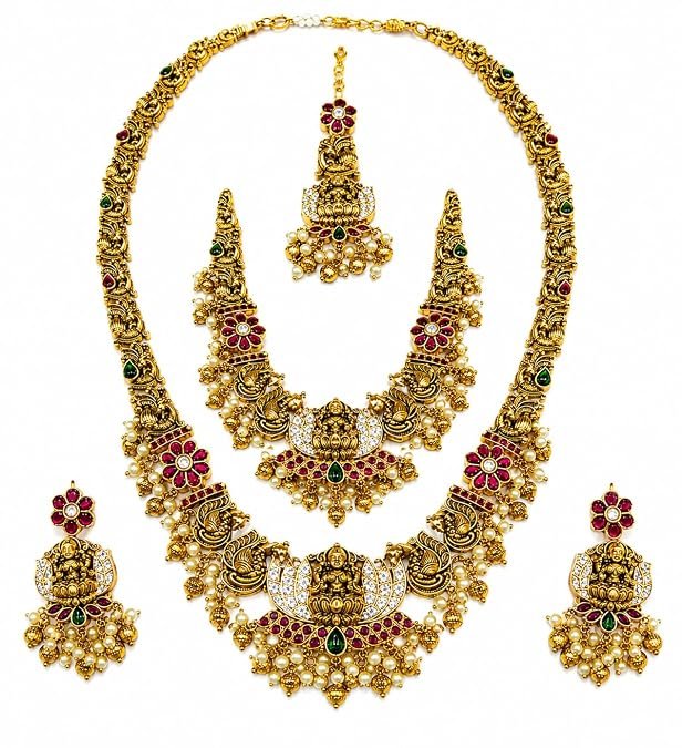 Nakshi Long Haram Jewellery Set for Women | Antique Gold Tone Temple Style Necklace with Goddess Lakshmi Motif, Matching Earrings & Maang Tikka | Traditional Bridal Jewellery for Wedding - Handcrafted Jewellery by Xperts Creations