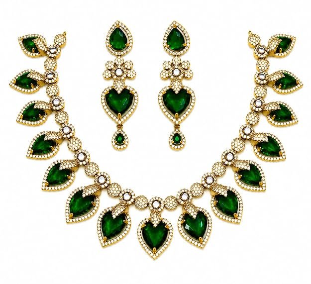 Antique Mehendi Necklace Set for Women | Gold Tone Necklace with Green Stones & Matching Earrings | Traditional Ethnic Jewellery for Wedding & Bridal Wear - Handcrafted Jewellery by Xperts Creations