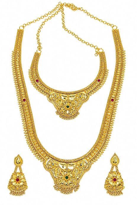 Gold Plated Long Haram Necklace Set for Women | Traditional Temple Long Necklace with Matching Short Necklace & Earrings | South Indian Ethnic Fashion Jewellery - Handcrafted Jewellery by Xperts Creations
