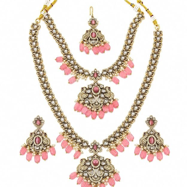 Mehendi Long Haram Jewellery Set for Women | Gold Tone Kundan Style Necklace with Pink Beads, Earrings & Maang Tikka | Traditional Bridal Jewellery for Wedding - Handcrafted Jewellery by Xperts Creations