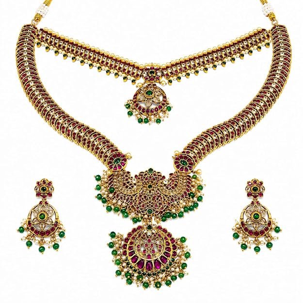 Antique Long Haram Jewellery Set for Women | Gold Tone Temple Style Necklace with Green & Ruby Stone Detailing & Earrings | Traditional Bridal Jewellery for Wedding - Handcrafted Jewellery by Xperts Creations