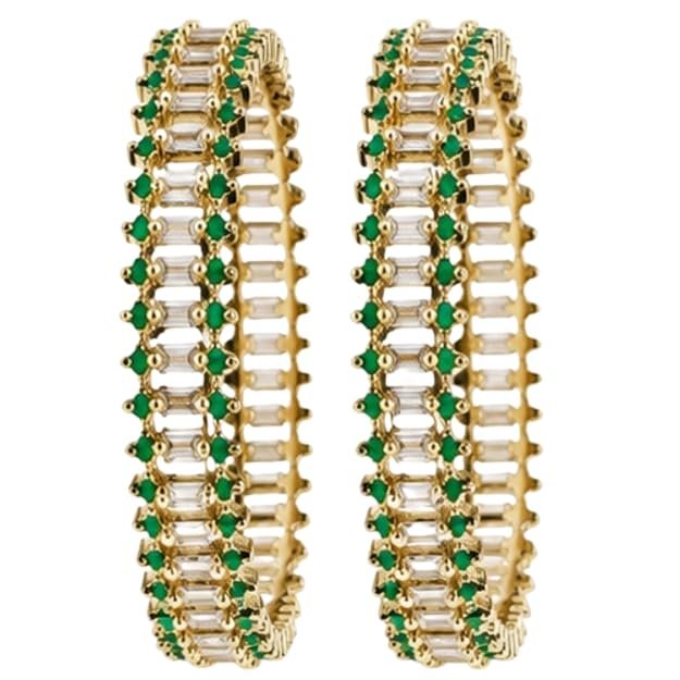 Gold Plated CZ Stone Studded Bangles for Women | Emerald Green & Baguette Crystal Traditional Kada | Ethnic Jewellery for Wedding, Festive, Party & Daily Occassion - Handcrafted Jewellery by Xperts Creations