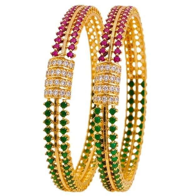Gold Plated Stone Studded Bangles for Women | Traditional Kada with Green & Maroon Stones | Ethnic Jewellery for Wedding, Festive, Party & Daily Occasion - Handcrafted Jewellery by Xperts Creations