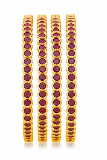 Gold Plated Stone Studded Bangles for Women | Traditional Round Green/Maroon Stone Kada Set | Ethnic Jewellery for Wedding, Festive, Party & Daily Occassion | Set of 4 - Handcrafted Jewellery by Xperts Creations