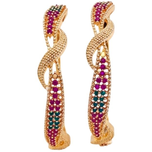 Gold Plated Stone Studded Open Cuff Kada for Women | Twisted Designer Bangle with Maroon & Green Stones | Traditional Ethnic Jewellery for Wedding, Festive, Party & Daily Occassion - Handcrafted Jewellery by Xperts Creations