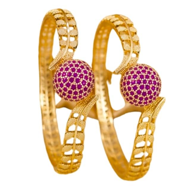 Gold Plated Stone Studded Open Cuff Kada for Women | Purple Ball Design Traditional Bangle | Ethnic Jewellery for Wedding, Festive, Party & Daily Occassion - Handcrafted Jewellery by Xperts Creations