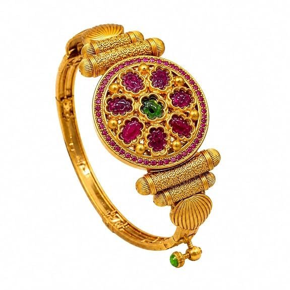 Kemp Single Kada for Women | Traditional Gold Tone Temple Kada with Floral Kemp Stone Design | Ethnic Bracelet Bangle for Wedding | Suitable For Wrist Size Of 2/2, 2/4 &2/6 - Handcrafted Jewellery by Xperts Creations