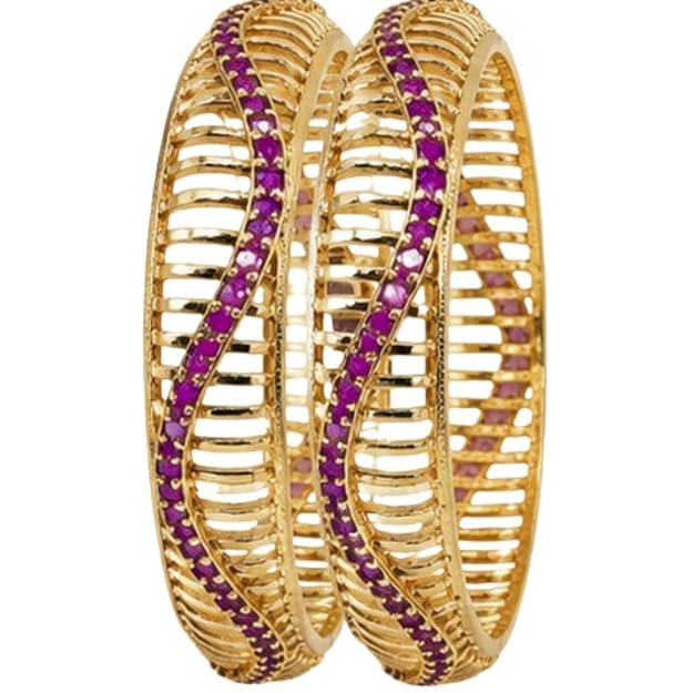 Gold Plated Stone Studded Bangles for Women | Openwork Traditional Kada with Maroon Stones | Ethnic Jewellery for Wedding, Festive, Party & Daily Occasion - Handcrafted Jewellery by Xperts Creations