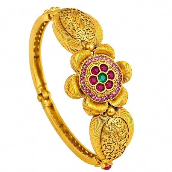 Kemp Single Kada for Women | Traditional Gold Tone Temple Kada with Kemp Stone Floral Design | Ethnic Bracelet Bangle for Wedding | Suitable For Wrist Size Of 2/2, 2/4 &2/6 - Handcrafted Jewellery by Xperts Creations