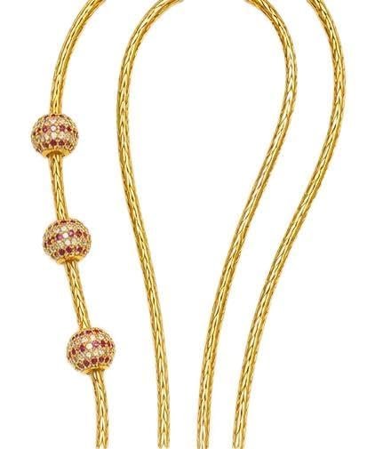 23.5K Gold Plated Three Stones Ball Mogappu Chain for Women | 30 Inch Traditional Long Necklace | Full White Stone Ethnic Jewellery - Handcrafted Jewellery by Xperts Creations