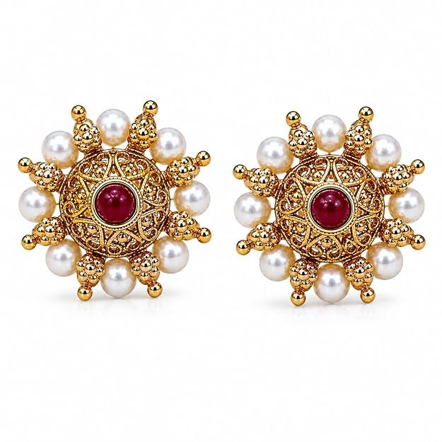 Gold Plated Traditional Stud Earrings for Women | Beaded Ethnic Floral Design Earrings | Gold Finish Fashion Jewellery for Festive & Wedding - Handcrafted Jewellery by Xperts Creations