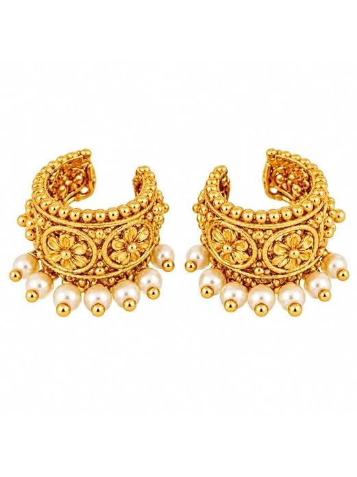 Traditional Bugadi Earrings for Women | Gold-Toned Floral Filigree Hoop Earrings with Pearl Beads | Maharashtrian Ethnic Jewellery for Festive, & Wedding Occassion - Handcrafted Jewellery by Xperts Creations